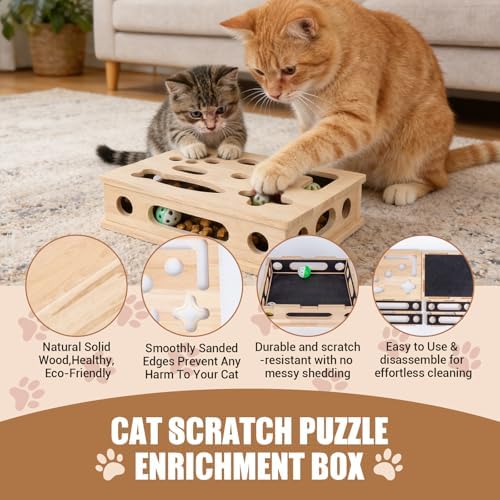 Cat Scratch Puzzle Enrichment Box, Wood Interactive Cat Toy with Sandpaper