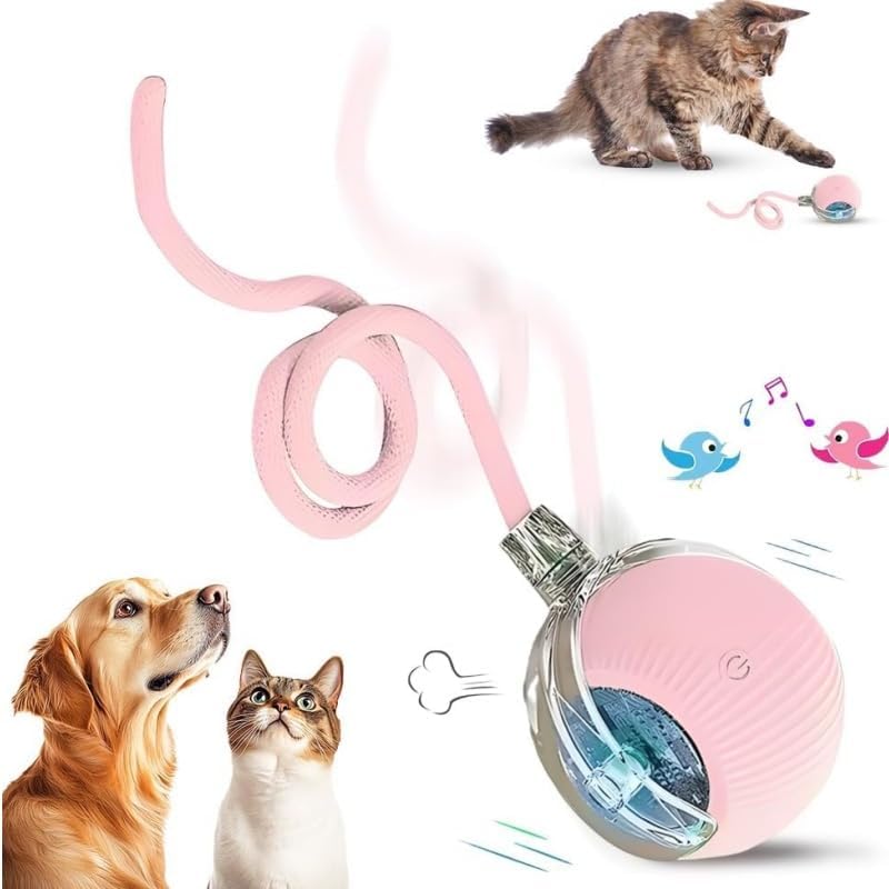 Interactive Cat Toy Ball, 2026 New Rechargeable Motion Activated Self Solo Play Electronic Stimulation Chase Teaser Ball Toy with Rope for Indoor Bored Adult Cat and Dog (Pink, 1pcs)