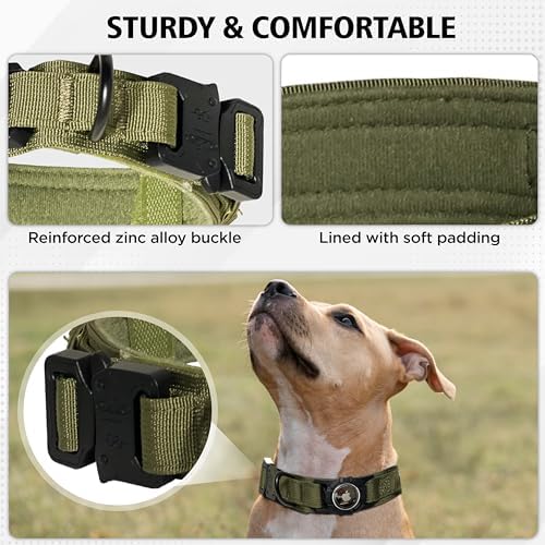 Heavy Duty Tactical Dog Collar with AirTag Holder, Adjustable GPS Tracking Collar for Small, Medium & Large Dogs, Compatible with Apple AirTag, Includes Control Handle for Added Security(Green, M)