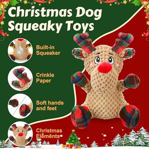 Newget Christmas Squeaky Dog Toys, Plush Dog Chew Toys with Crinkle Paper