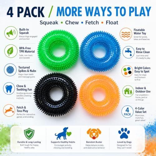 Dog Chew Toys for Aggressive Chewers, Squeaky Floating Donut Rings, 4 Pack