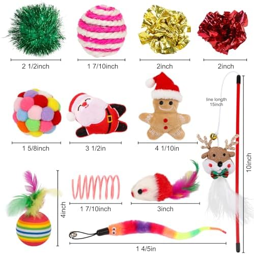 Christmas Stocking Cat Toys, 12PCS Xmas Cat Toy Set with Squeaky Toys, Balls, Cat Teaser