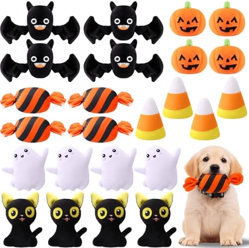 24 Pcs Halloween Dog Squeaky Toys, Pumpkin Bat Candy Ghost Cat