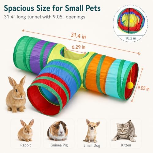 Rabbit Tunnel Collapsible 3 Way Tunnels and Tubes with Interactive Ball Bunny Hideout - Small Animal Activity Tunnel Toys for Dwarf Rabbit, Guinea Pig, Kitty