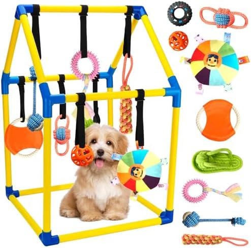 Puppy Play Gym with 9 Hanging Toys, Interactive Dog Enrichment Playground, Removable Indoor Training Activity Center for Puppies & Small Dogs, Adjustable PVC Frame, Teething & Squeaky Toys Included