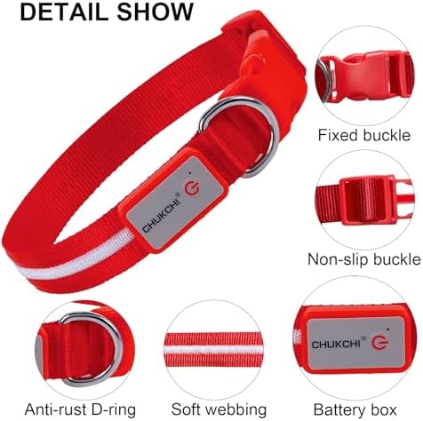 CHUKCHI LED Dog Collar Rechargeable,Waterproof Flashing Collar,Light Up Glow Collar, Adjustable Soft Safety Light Up for Small Medium Large Dogs Walking Camping at Night (Red-M)