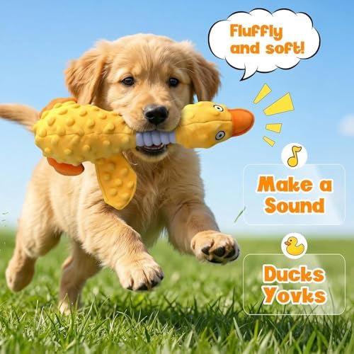 Squeaky Dog Toys for Aggressive Chewers, Durable Stuffed Animal Plush Dog Toy with Soft Fabric for Large, Medium & Small Dogs, Interactive Puppy Chew Toy for Teething, Crinkle Duck Dog Toy - Yellow