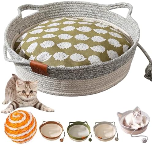 Handwoven Cat Basket with Hanging Ball Toy, Scratchable Cat Lounger Basket for Sleeping, Playing and Relaxing, Cotton Rope Cat Bed Basket with Cat Ear Handles (Gray+Mat,L)