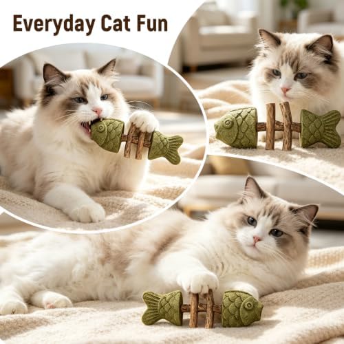 3 PCS Catnip and Silvervine Chew - Natural Catnip & Silvervine Teeth Cleaning Stick, Fishbone-Shaped Cat Dental Toy for Chewing, Licking, Pawing, Boredom Relief & Enrichment for Cats
