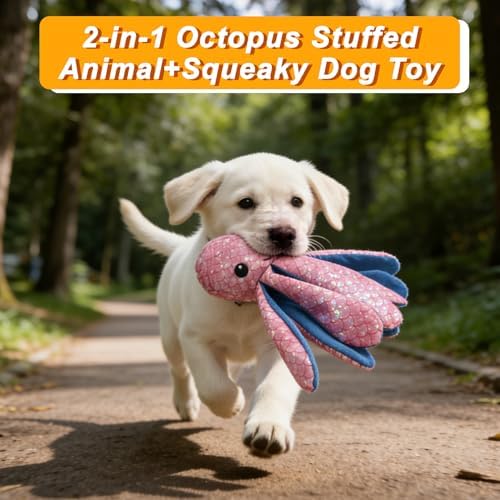 10.24" Recycled Canvas Octopus Squeaky Dog Toy, Durable Stuffed Chew Toy for Puppy Teething, Interactive Play for Small Medium Large Dogs, Pink Blue