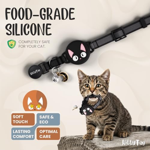 AirTag Cat Collar – Breakaway Reflective & Waterproof Collar with Built-in Holder, Adjustable with Bell for Indoor/Outdoor Cats – AirTag Not Included (Black, 9–12")