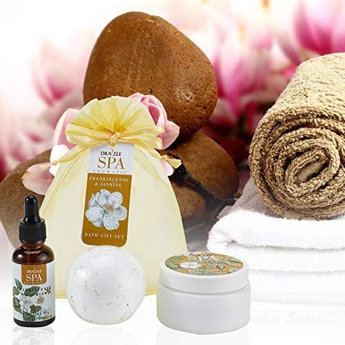 Mother’s Day Gift Baskets for Women- 3 Pcs Frankincense & Jasmine Scented Bath and Body Spa Self Care Kit, Relaxing Bath and Body Set, Home Spa Gifts for Her by Draizee