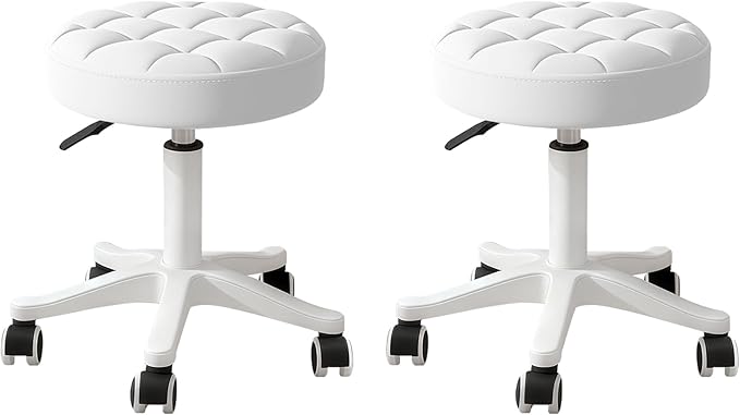 Small Rolling Stool with Wheels, PU Leather Height Adjustable Vanity Work Task Stool, 360 Swivel, Padded Seat Cushion, for Salon, Home, Office