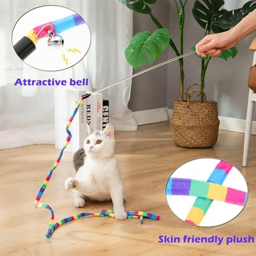 KABASI 3PCS Interactive Cat Rainbow Wand Toys, Cats String Toy Teaser Wand