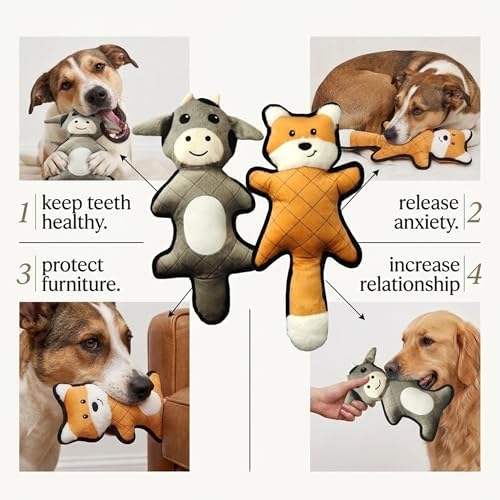 PetLike Tough & Durable Plush Dog Toy Set - 2 Pack - Interactive Animal Chew Toys for Puppies & Dogs, Perfect for Teething, Fetch & Cuddly Playtime (Grey Cow+Orange Fox)