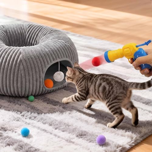 31 Pcs Interactive Cat Toys for Indoor Cats, Cat Tunnel with Moving Ball, Cat Toy Launcher, Catnip Toys, Chew Rope, Feather Wand, Springs and Balls for Indoor Kittens, Grey