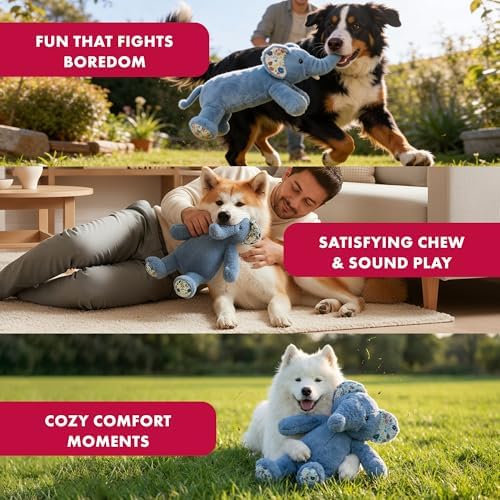 Petlou Dog Plush Toys,Crinkle Toy, Interactive Stuffed Squeaky Toys Chew for Medium Small Large Dogs,Cute (15" Promo Elephant-Blue)