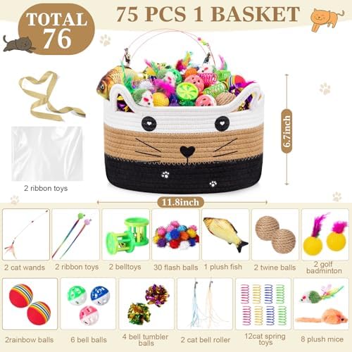 Zopeal 76 Pcs Cat Storage Basket Gift Toys Set, White,Coffee,Black