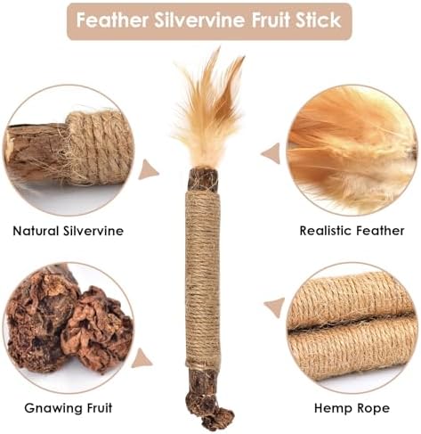 Bissap 10 PCS Silvervine Chew Sticks for Cats, Catnip Chew Sticks Cat Toys for Indoor Cat Kitten Teeth Grinding Interactive Feather Toys for Aggressive Chewers Dental Care