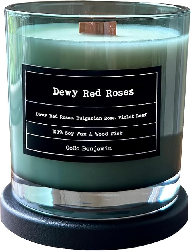 100% Soy, Highly Scented, Hand Poured Soy Candle (Dewy Red Roses (Wooden Wick))