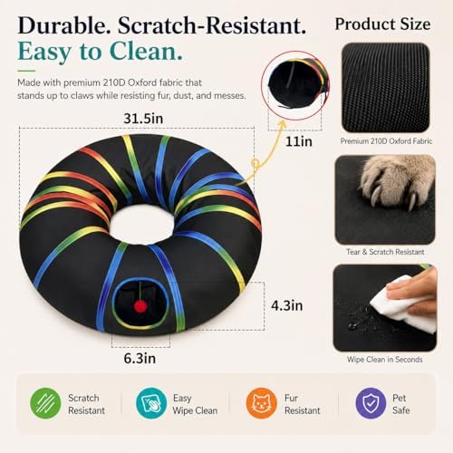 Cat Tunnel Toy with Plush Ball & Cat Wand Feather Toys-Portable Tattaff Waterproof Washable-Interesting Pattern Collapsible Black Rainbow