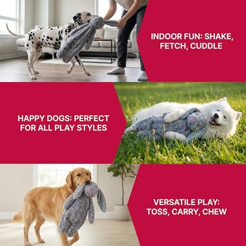 Petlou Stuffingless Floppy Plush Dog Toys with Durable Squeak and Crinkle Paper Dog Chew Toys for Large Dogs and Medium Dogs (Gray, 19 Inch Floopy Rabbit 2)