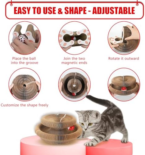 2pcs Cat Pad Scratcher Toys, Magic Organ Cat Toy & Kitty Curls Cat Toy, Interactive Cardboard Cat Scratching Board with Bell Balls, Corrugated Scratcher for Indoor Cats, Light Brown