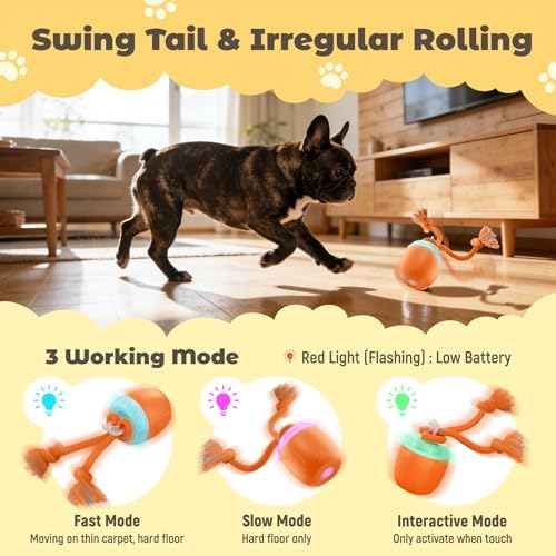 Interactive Dog Toys, Automatic Moving and Rolling Dogs Toy with Rope for Medium Large Dogs, Motion-Activated Dog Ball to Keep Them Busy(Orange)