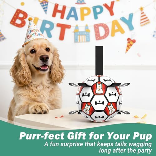 Dog Toy Balls, Dog Soccer Ball with Straps, Interactive World Cup Soccer Ball for Medium Dogs, Water Fetch Toys, Tug-of-War, Herding Ball Toys Outdoor, Dog Birthday Toy, Black (6 Inch)