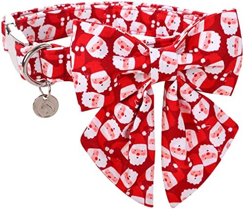 DOGWONG Christmas Dog Collar with Sailor Bow, Red Santa Claus Dog Collar Soft Durable Adjustable Cotton Puppy Collar for Small Medium Large Dog