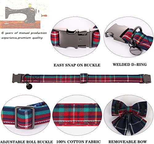 DOGWONG Christmas Dog Collar with Sailor Bow tie, Red Blue Plaid Dog Collar Soft Durable Adjustable Cotton Blue Tartan Gingham Puppy Collar for Small Medium Large Dog
