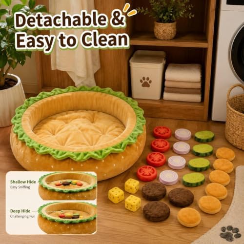 3‑in‑1 Hamburger Shaped Dog Bed, Snuffle Mat Interactive Enrichment Toy with Detachable Washable Cover, Soft Stress Relief Plush Pet Nest for Small and Medium-Sized Dogs, Indoor Comfort Use，Type A