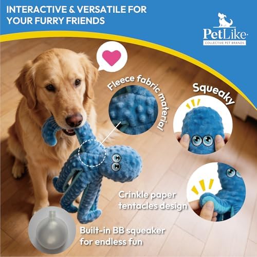 PetLike 2 Pack Squeaky Octopus Dog Toys, Durable Stuffing Plush Chew Toys with Crinkle Paper, Reinforced Liner Interactive Toys for Medium & Large Dogs (Pink+Blue, Large)
