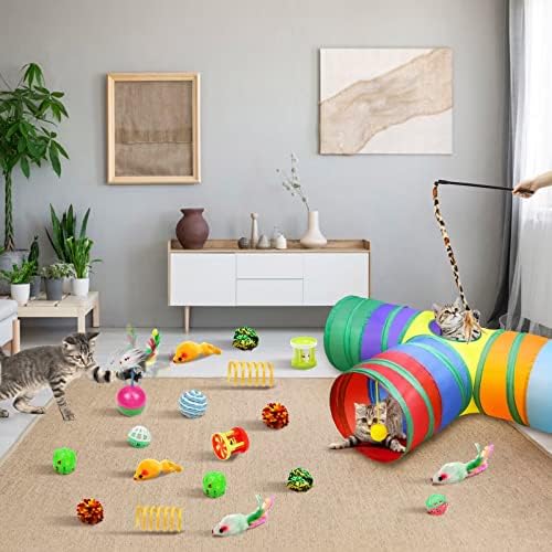 Malier Cat Toys Kitten Toys Set, Collapsible Cat Tunnels for Indoor Cats, Interactive Kitty Toys Cat Feather Toy Fluffy Mouse Crinkle Balls 3 Way Tube Tunnel Toys for Puppy Kitty Kitten