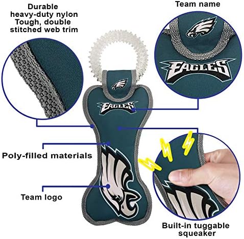 Pets First NFL Philadelphia Eagles Dental Dog TUG Toy with Squeaker. Tough PET Toy for Healthy Fun, Teething & Cleaning Pet's Teeth & Gum., Team Color, one Size (PHL-3310)