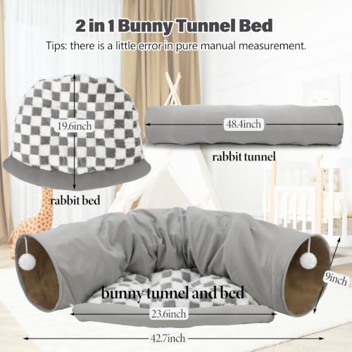 BWOGUE Bunny Tunnel Bed, 2-in-1 Rabbit Tunnel Hideout with Mat, Gray