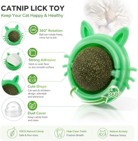Catnip Lick Toy for Indoor Cats, Wall Mounted 360° Rotating Catnip Ball with Dust Cover, Strong Adhesive Natural Cat Mint Ball for Licking Chewing Dental Care, Boredom Relief Interactive Kitten Toy