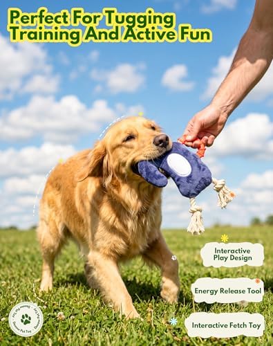 Deeow Tether Squeaky Plush Dog Tug Chew Toy for Enrichment/Interactive