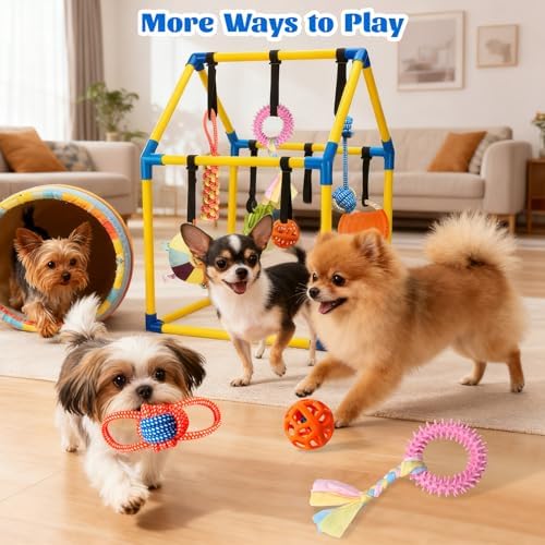 Puppy Play Gym with 9 Hanging Toys, Interactive Dog Enrichment Playground, Removable Indoor Training Activity Center for Puppies & Small Dogs, Adjustable PVC Frame, Teething & Squeaky Toys Included