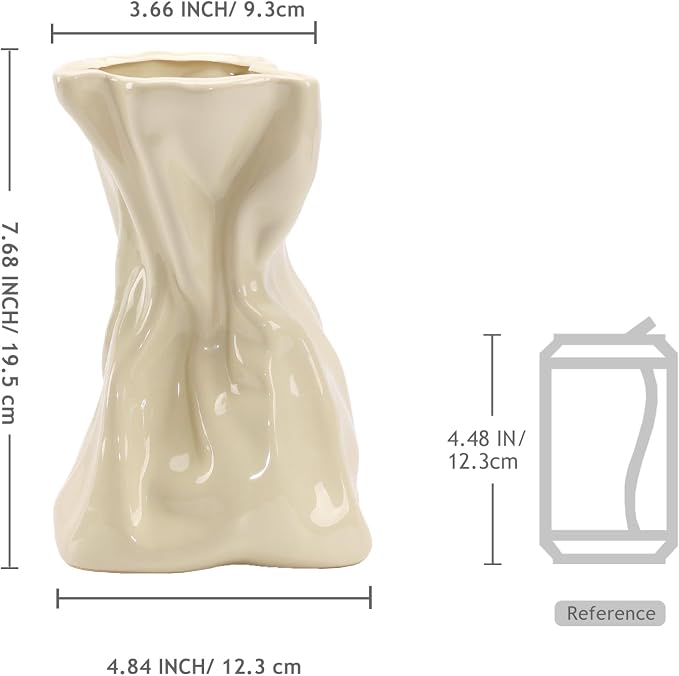 7.6 Inch Glossy Cream Ceramic Vase, Unique Crinkled Paper Bag Vase for Flower, Boho Vases for Home Decor, Wedding Centerpiece Table, Decorative Flower Vases for Entryway, Kitchen, Living Room