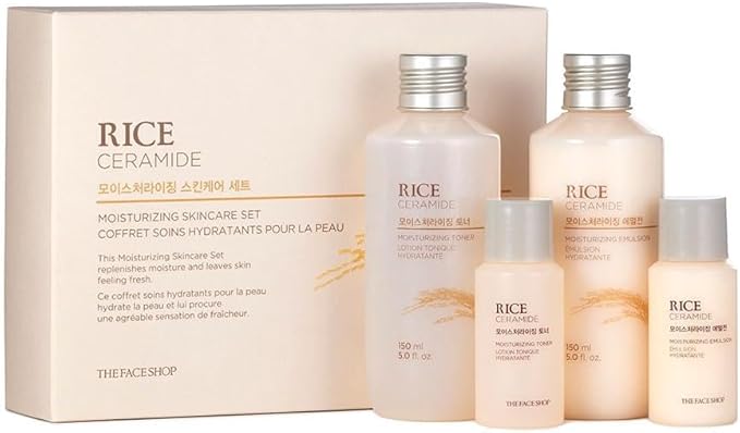 The Face Shop Rice Ceramide Moisturizing Skincare Set - Toner & Moisturizer, Korean Skin Care with Rice Water, Gift Set, Travel Size, Hydrating for Dry Skin