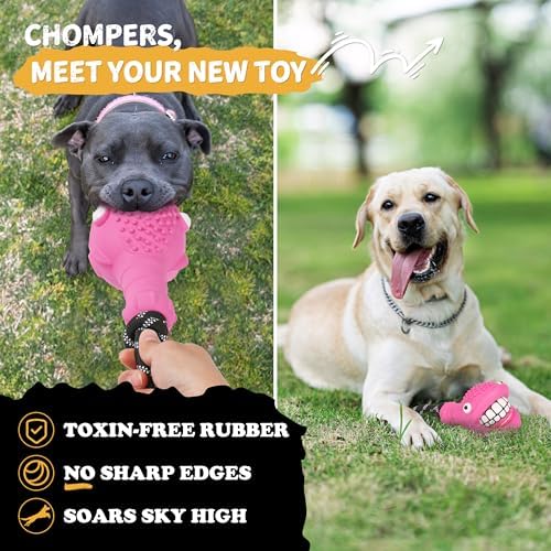 Pufferfish Shape Rubber Dog Toy with Detachable Squeaky Tennis Ball & Rope, Interactive Durable Chew Toys for Dogs, Safe Non-Toxic Material, Clean Teeth Design (Red)
