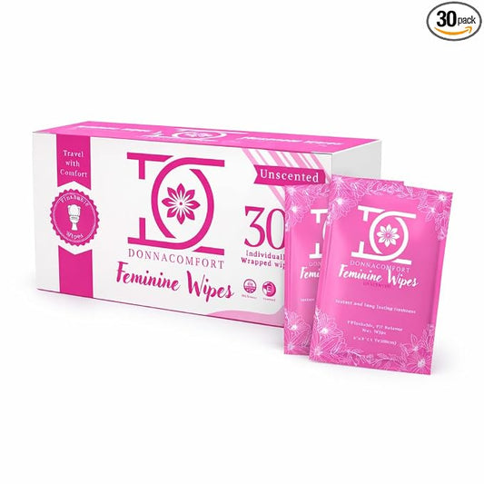 Flushable Feminine Wipes for Sensitive Skin – pH Balanced, Fragrance-Free Intimate Wipes with Aloe Vera & Vitamin E, Individually Wrapped Travel Size (30 Count)