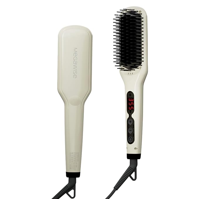 MEGAWISE Pro Ceramic Ionic Hair Straightener Brush, Universal Dual Voltage, Rotatable Power Cord, MCH Fast 20s Heating Tech, Anti-Scald, Auto-Off Safety, Home Salon (Pearl White)
