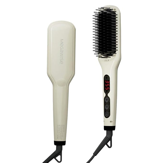 MEGAWISE Pro Ceramic Ionic Hair Straightener Brush, Universal Dual Voltage, Rotatable Power Cord, MCH Fast 20s Heating Tech, Anti-Scald, Auto-Off Safety, Home Salon (Pearl White)
