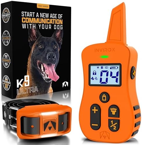 INVIROX Ultra K9 Dog Shock Collar, 124 Levels, Night Light, IP67 Waterproof | Orange, 1 Dog, Precise Control for Reactive Dogs, Dog Training Tools, Keypad Lock, 3/4-Mile Range, Shock Collar for Dogs