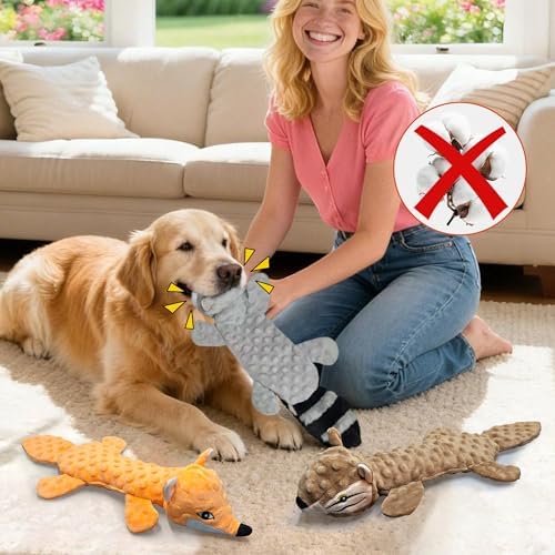 3Pack Squeaky Dog Toys, No Stuffing Plush Dog Toys to Keep Them Busy, Crinkle Chew Toy for Large Medium Small Dogs, Interactive Stuffless Bundle Puppy Teething Toys