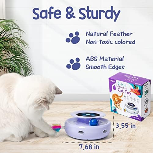 ORSDA Cat Toys, 2-in-1 Interactive Cat Toys for Indoor Cats, Automatic Cat Toy Balls, Mice Toys Ambush Feather Kitten Toys with 7pcs Attachments, Dual Power Supplies, Adjustable Speed, Auto On/Off