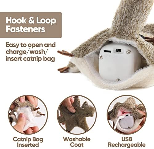 Flapping Cat Toy, Motion Activated Flying Squirrel with Catnip, 3 Modes & USB Rechargeable, Machine Washable Interactive Toy for Indoor Cats