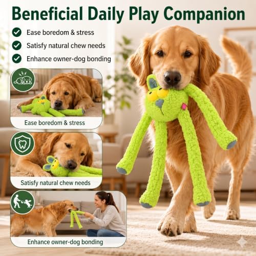 Squeaky Dog Plush Chew Toy, Interactive Tug Squeaky Toy for Chewers, Medium & Large Dogs, 31.5 Inch Stuffed Swinging Rabbit Toy with Stretchable Limbs for Gum Care & Boredom Relief, Neon-Green
